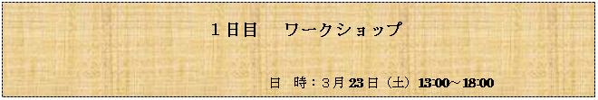 テキスト ボックス: 　１日目 　ワークショップ

　　　　　　　　　　　　　　　 日　時：３月23日（土）13:00～18:00　
会　場：筑波大学東京キャンパス（文京校舎）118教室

